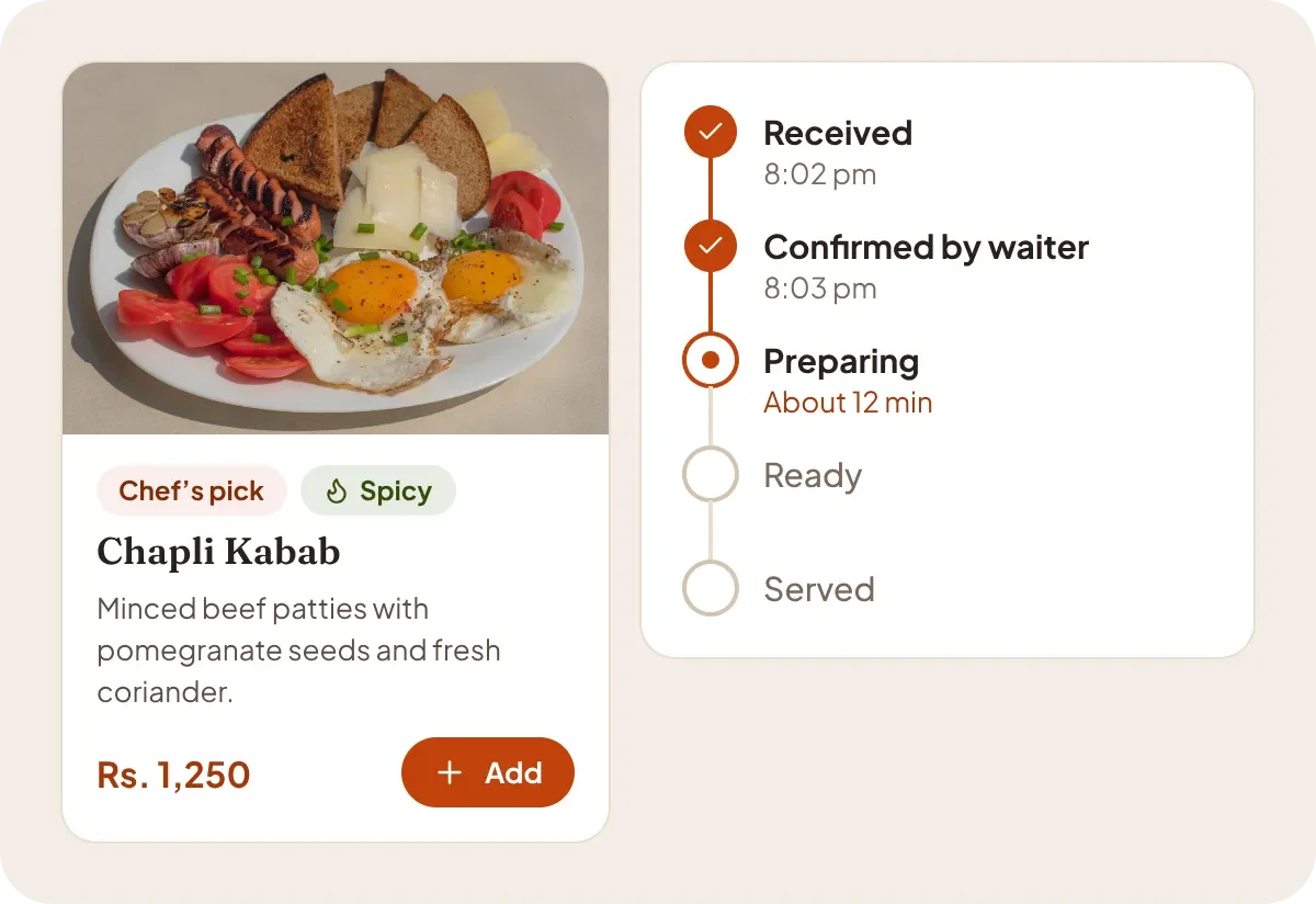 A dish card with its photo and price, and the order progress a guest follows.