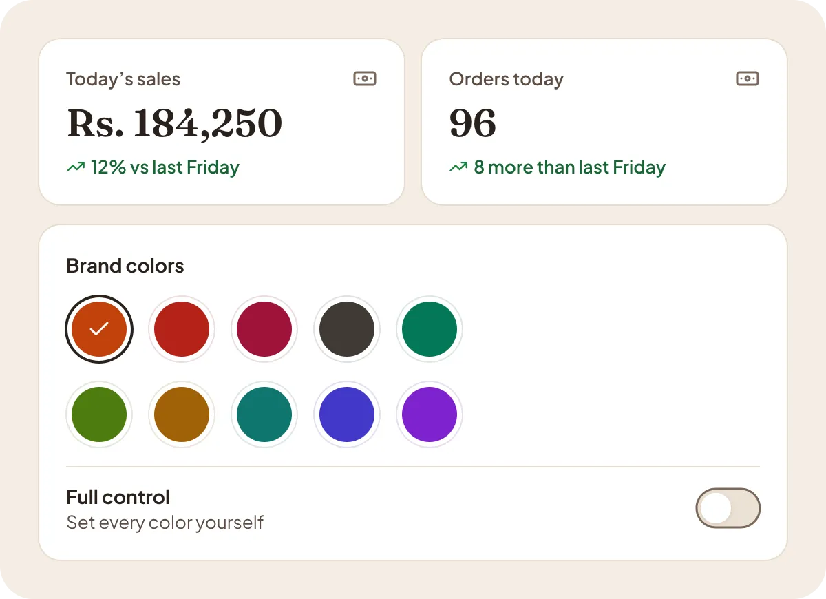 Today’s sales and orders, and the colour sets an owner picks from.