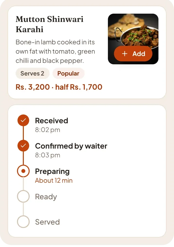 Radiaix on a guest’s phone: the menu with items in the cart, and an order followed from received to served.